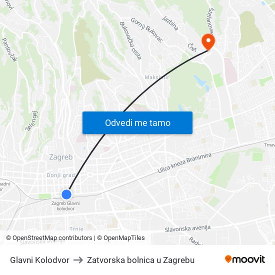 Glavni Kolodvor to Zatvorska bolnica u Zagrebu map