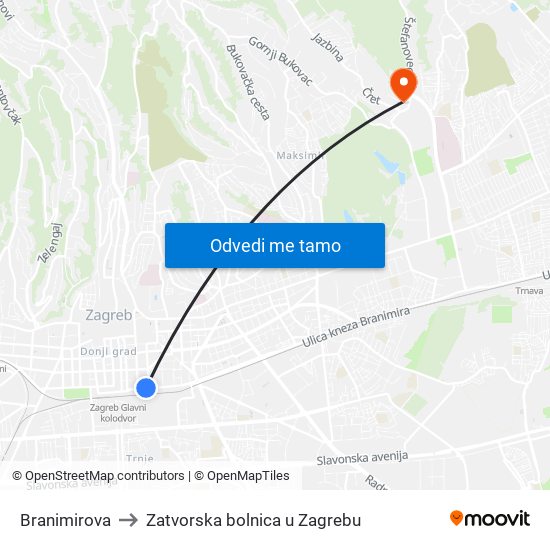 Branimirova to Zatvorska bolnica u Zagrebu map