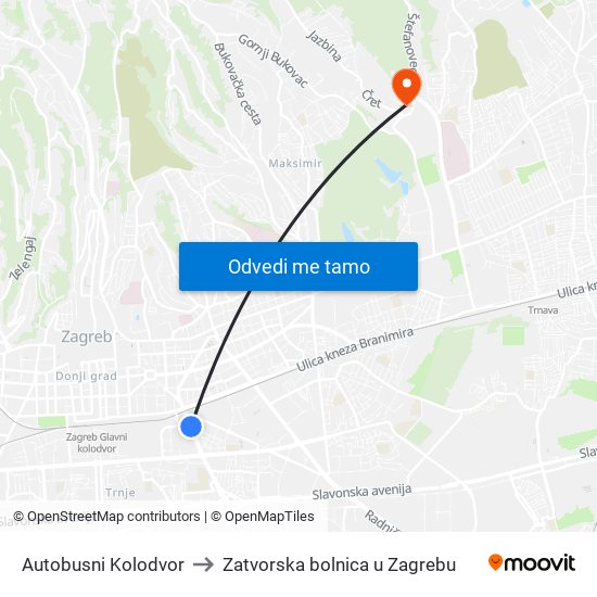 Autobusni Kolodvor to Zatvorska bolnica u Zagrebu map
