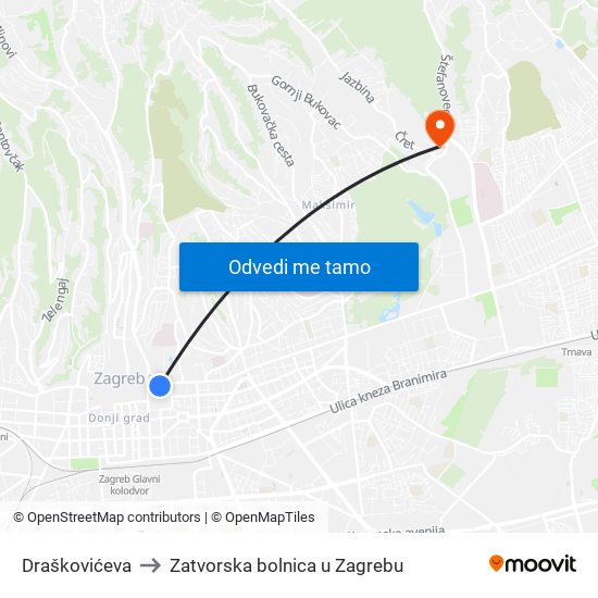 Draškovićeva to Zatvorska bolnica u Zagrebu map