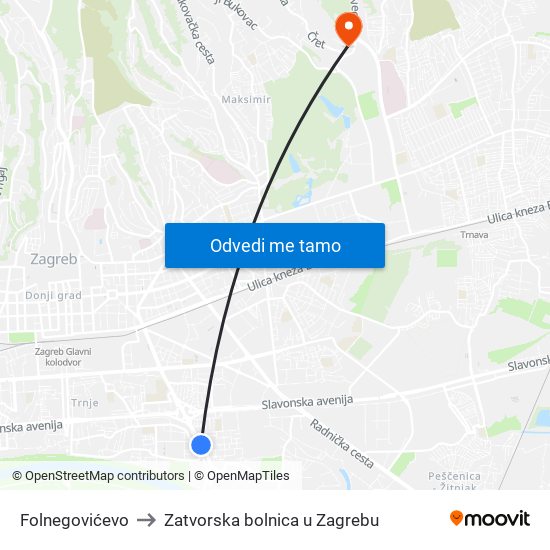 Folnegovićevo to Zatvorska bolnica u Zagrebu map