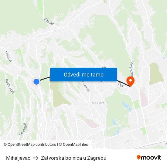 Mihaljevac to Zatvorska bolnica u Zagrebu map