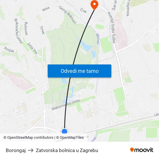 Borongaj to Zatvorska bolnica u Zagrebu map