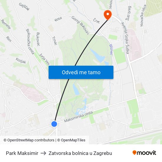 Park Maksimir to Zatvorska bolnica u Zagrebu map