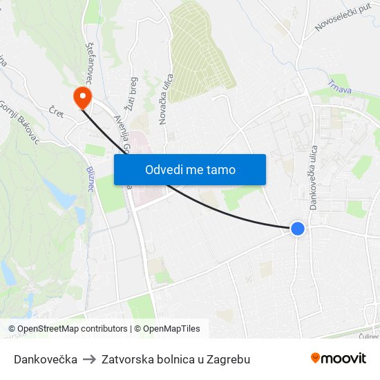 Dankovečka to Zatvorska bolnica u Zagrebu map