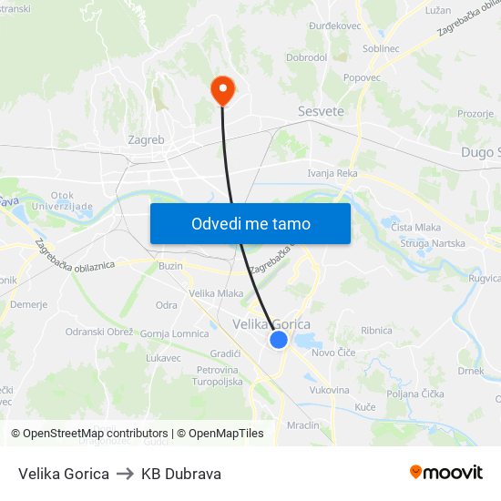 Velika Gorica to KB Dubrava map