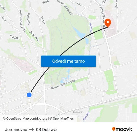Jordanovac to KB Dubrava map