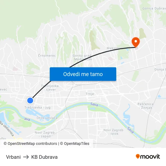 Vrbani to KB Dubrava map