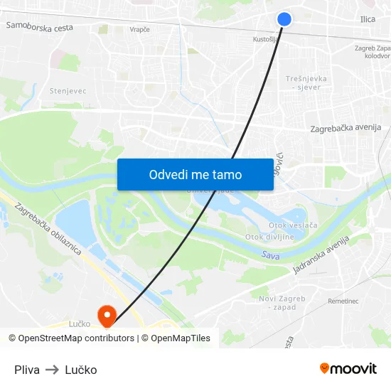 Pliva to Lučko map