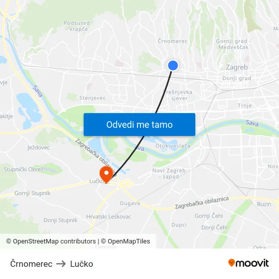 Črnomerec to Lučko map