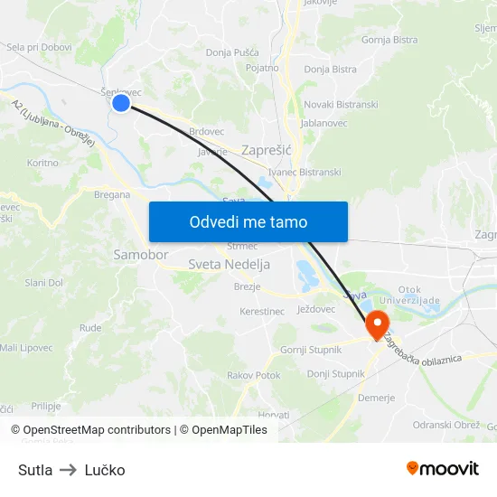 Sutla to Lučko map