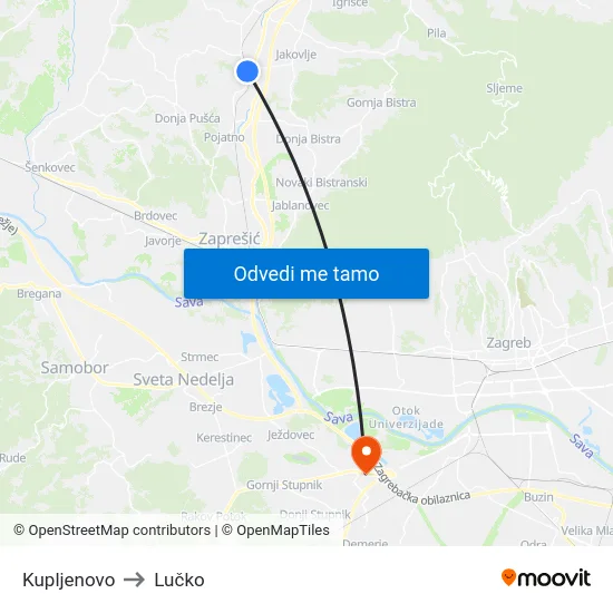 Kupljenovo to Lučko map