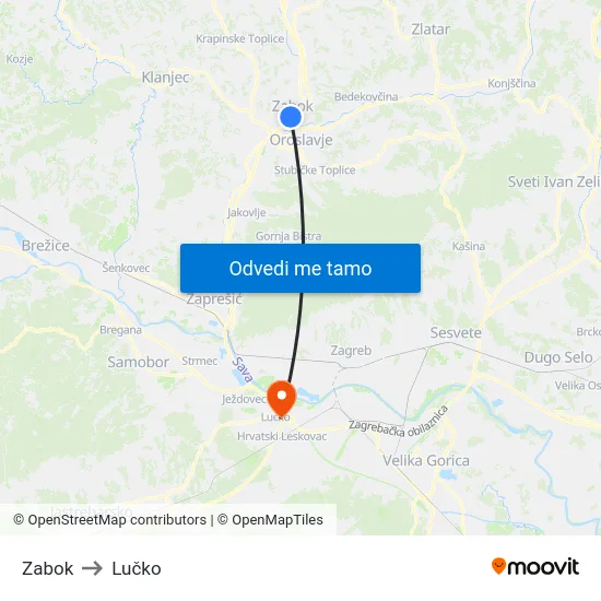 Zabok to Lučko map