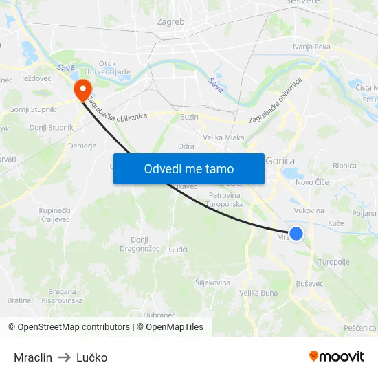 Mraclin to Lučko map