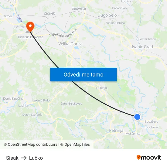 Sisak to Lučko map