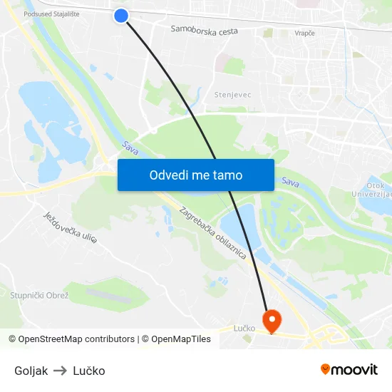 Goljak to Lučko map