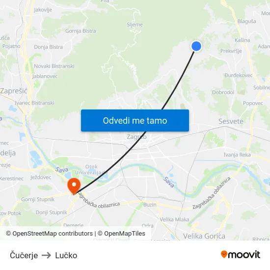 Čučerje to Lučko map