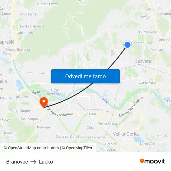 Branovec to Lučko map