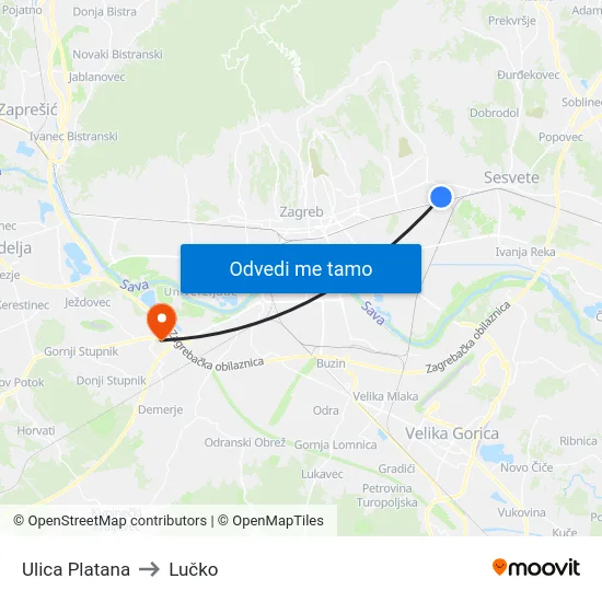 Ulica Platana to Lučko map