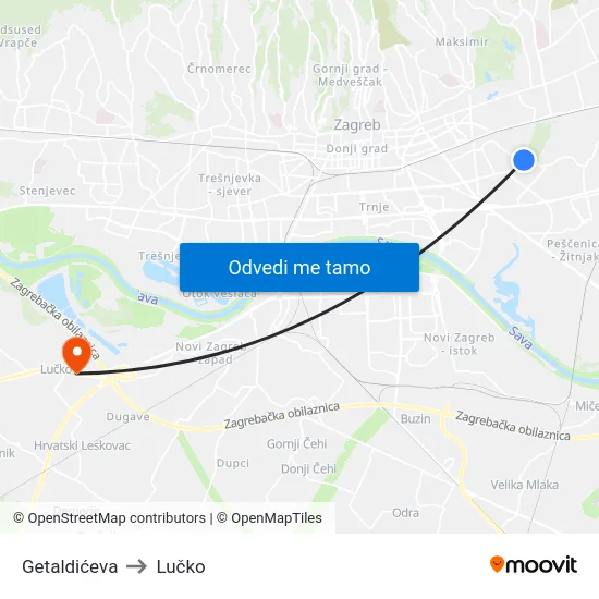 Getaldićeva to Lučko map