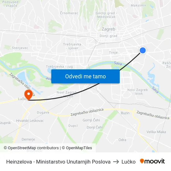 Heinzelova - Ministarstvo Unutarnjih Poslova to Lučko map