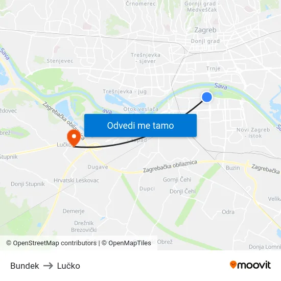 Bundek to Lučko map