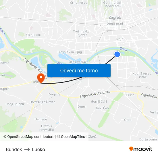 Bundek to Lučko map