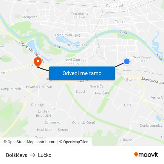 Bolšićeva to Lučko map