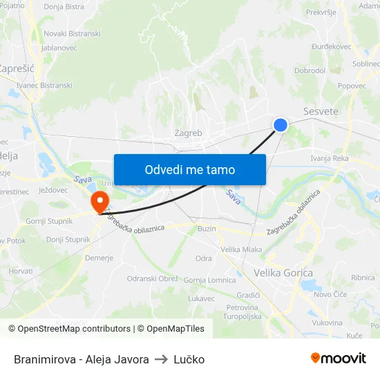 Branimirova - Aleja Javora to Lučko map