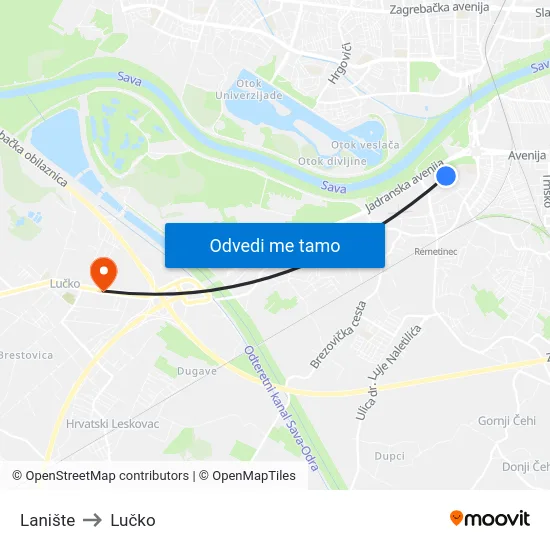 Lanište to Lučko map