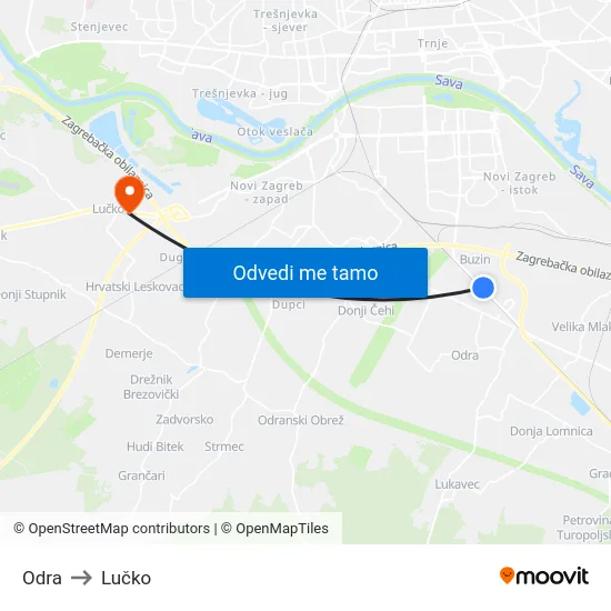 Odra to Lučko map