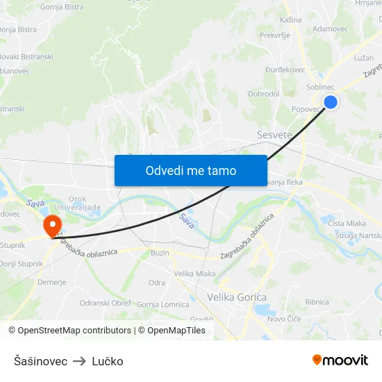 Šašinovec to Lučko map