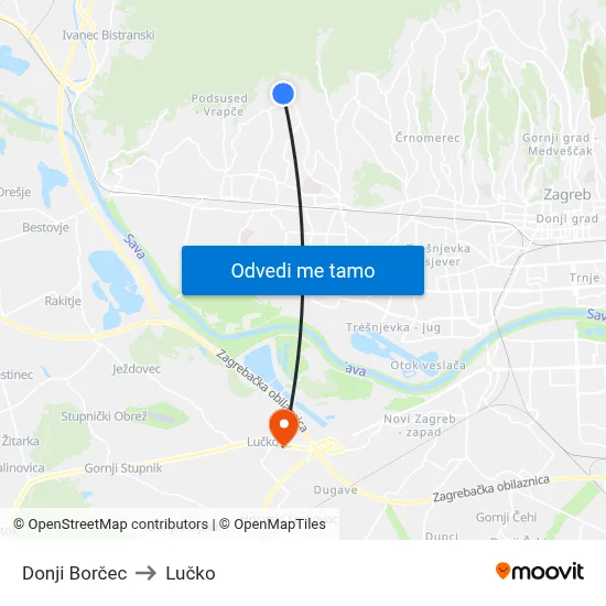 Donji Borčec to Lučko map