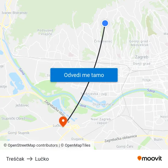 Treščak to Lučko map