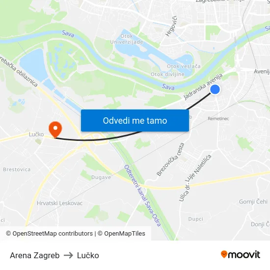 Arena Zagreb to Lučko map