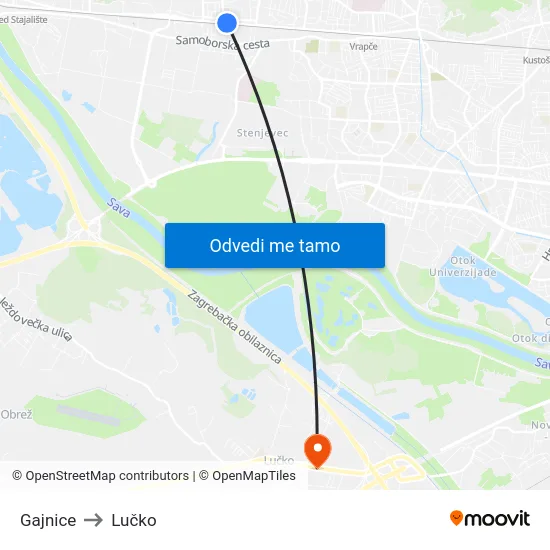 Gajnice to Lučko map
