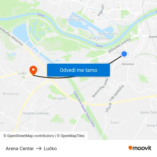 Arena Centar to Lučko map