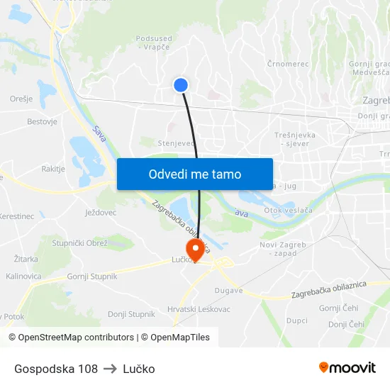 Gospodska 108 to Lučko map
