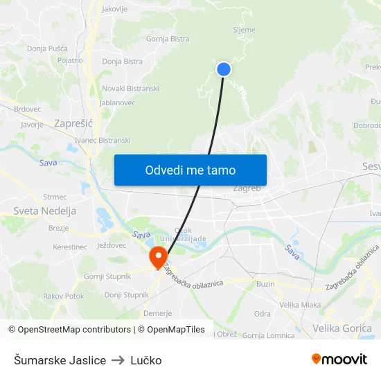 Šumarske Jaslice to Lučko map