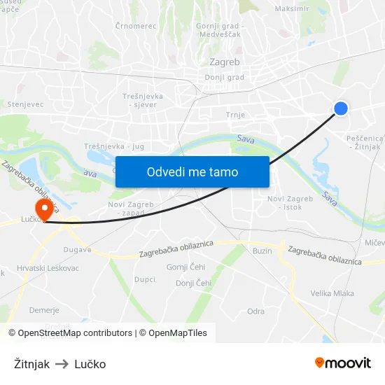 Žitnjak to Lučko map