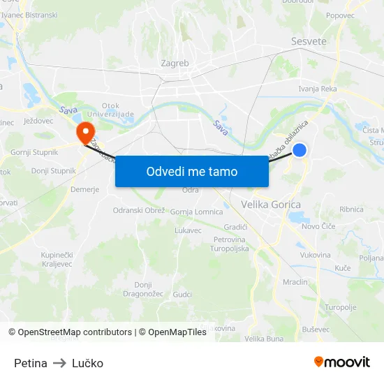 Petina to Lučko map