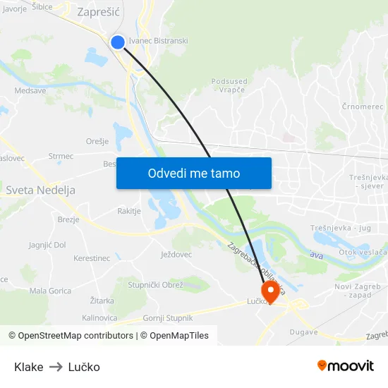 Klake to Lučko map