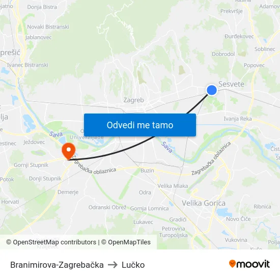 Branimirova-Zagrebačka to Lučko map