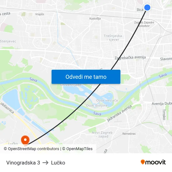 Vinogradska 3 to Lučko map