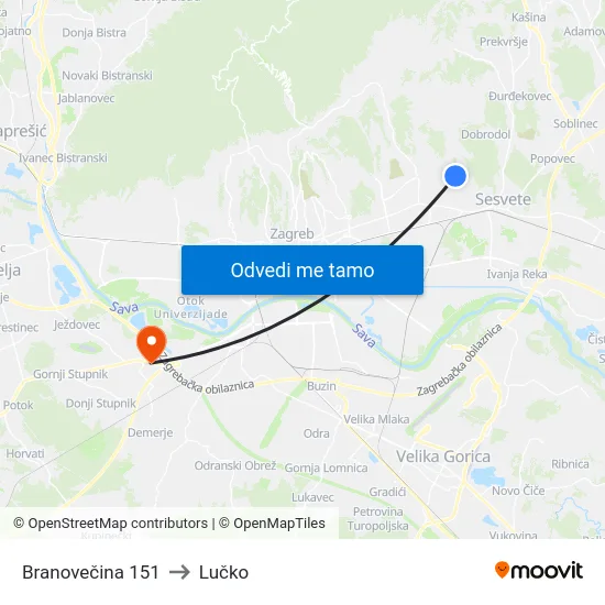 Branovečina 151 to Lučko map