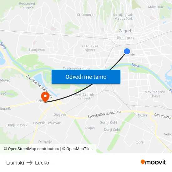 Lisinski to Lučko map