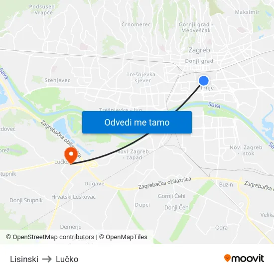 Lisinski to Lučko map