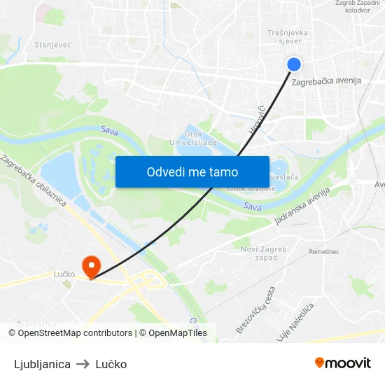 Ljubljanica to Lučko map