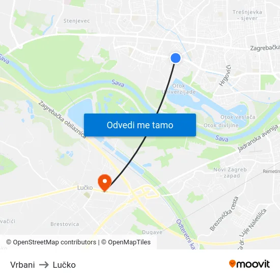 Vrbani to Lučko map