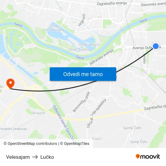 Velesajam to Lučko map